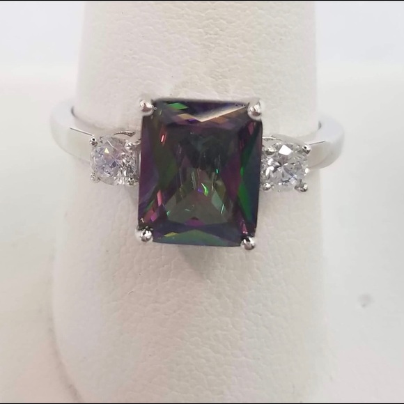 SS 3.5 CT Triple Rectangular Rainbow Topaz CZ Ring - Picture 4 of 4